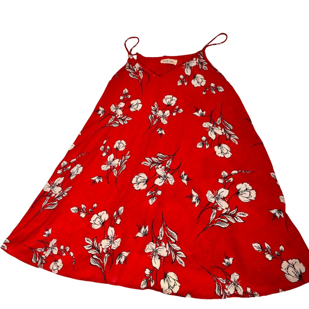 Peach Love California Red Floral Slip Mini Dress w/POCKETS L Resortwear Vacation